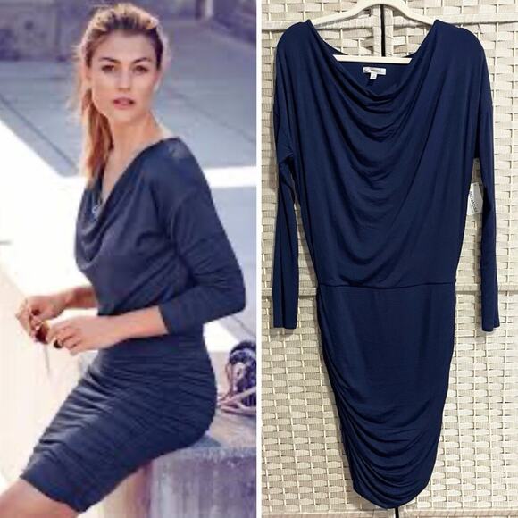 Athleta SOLSTICE Draped Cowl Dress Size Small Navy Blue Soft Modal Wool NEW - Picture 1 of 12
